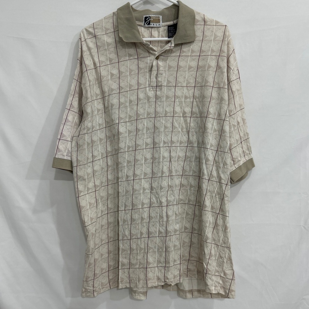 Vintage Jantzen Golf Mens XXL Tan Geometric Grid Cotton Polo Shirt Short Sleeve